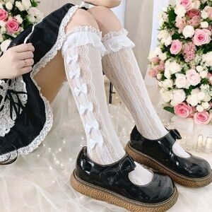 Retro Vintage Style Bow Accent Knee High Socks Flirty Ruffle Trim Soft Lace Calf